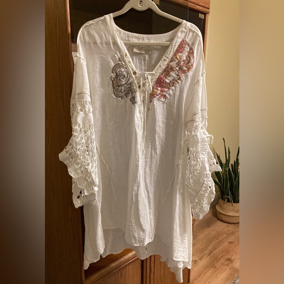 Elisa Cavaletti Tops - Elisa Cavaletti off White Boho Lace-Up Tunic with Multicolor Embroidery